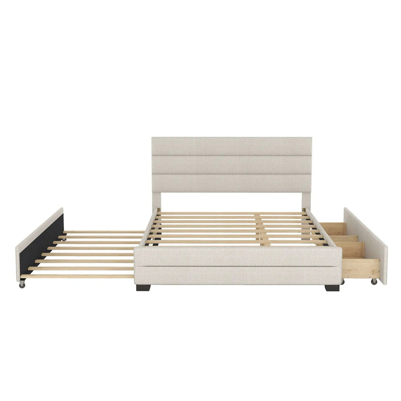 Queen Platform Bed With Twin Trundle And 2 Storage Drawers - Beige by HouseOfZazla