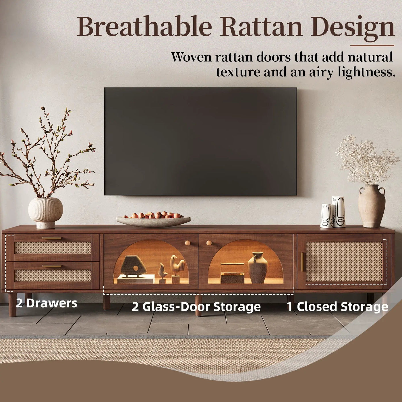 TV Stand With App-Controlled LED Lights, 2 Drawers & Door Storage by HouseOfZazla