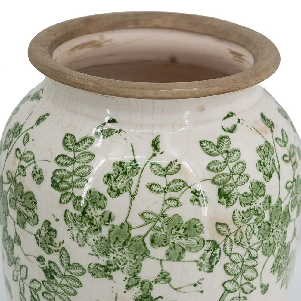 6.5x6.5x11.6 White Ceramic Flower Vase with Green Floral Pattern by HouseOfZazla