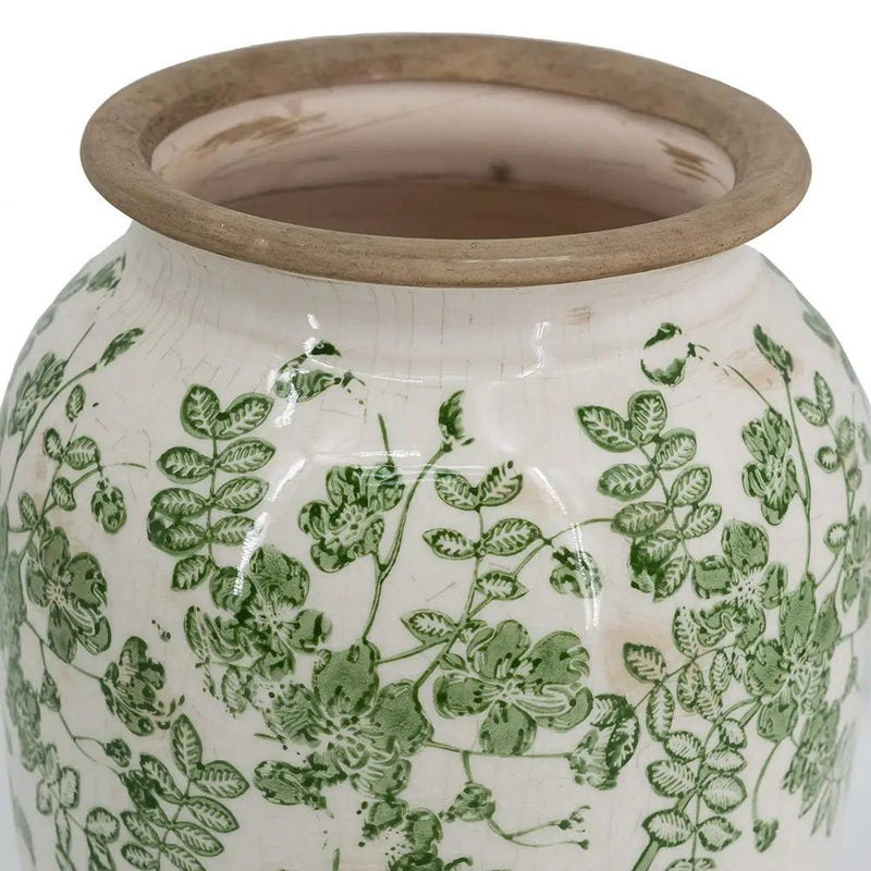 6.5x6.5x11.6 White Ceramic Flower Vase with Green Floral Pattern by HouseOfZazla