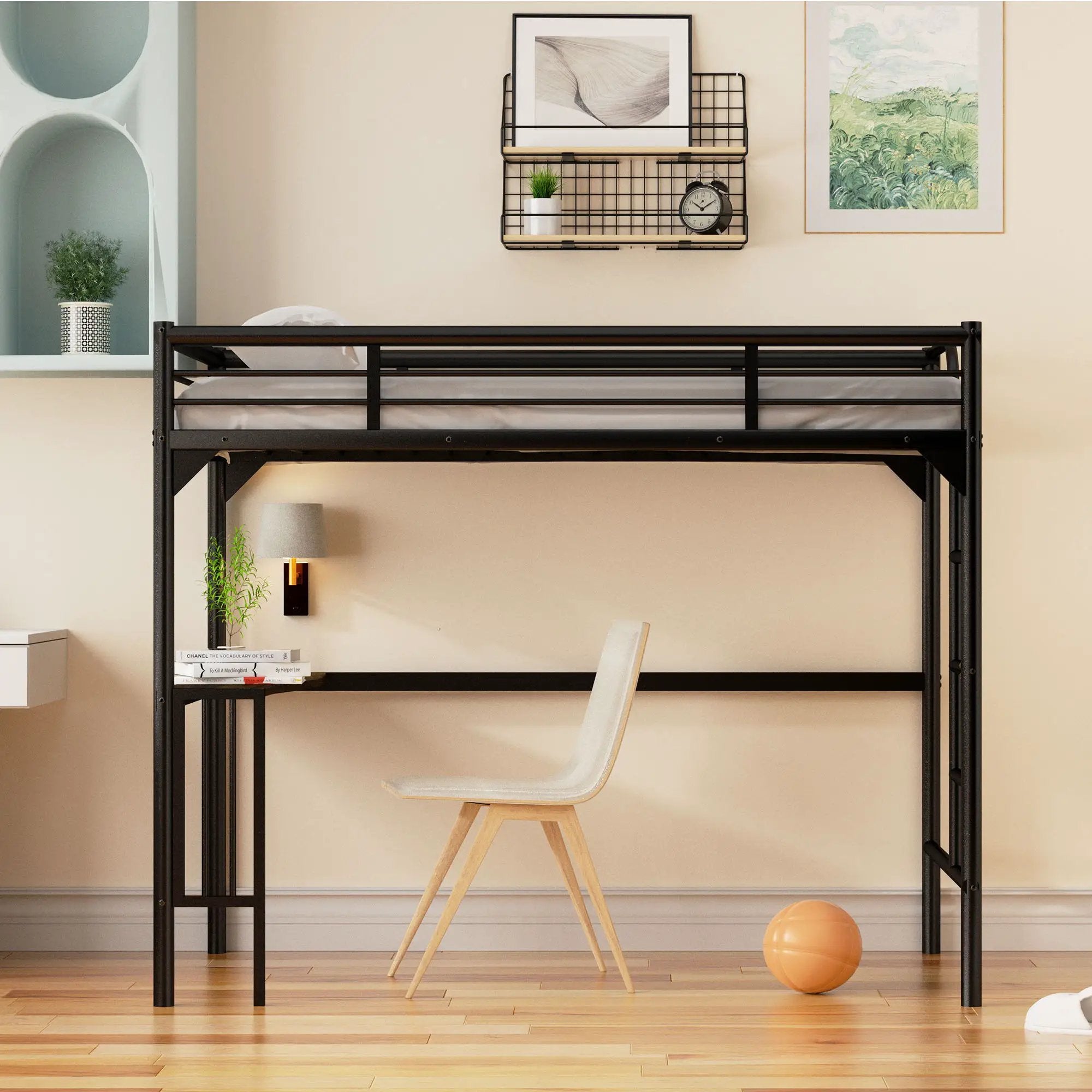 Twin Metal Loft Bed With Desk, Ladder And Guardrails, Bookdesk Under Bed - Black by Unique Piece Furniture