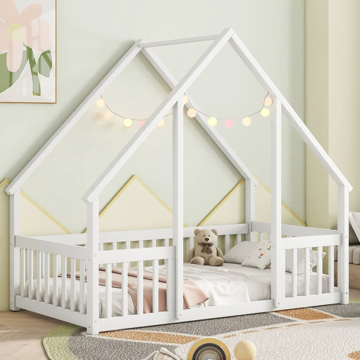 Wood House-Shaped Floor Bed With Fence, Guardrails by HouseOfZazla