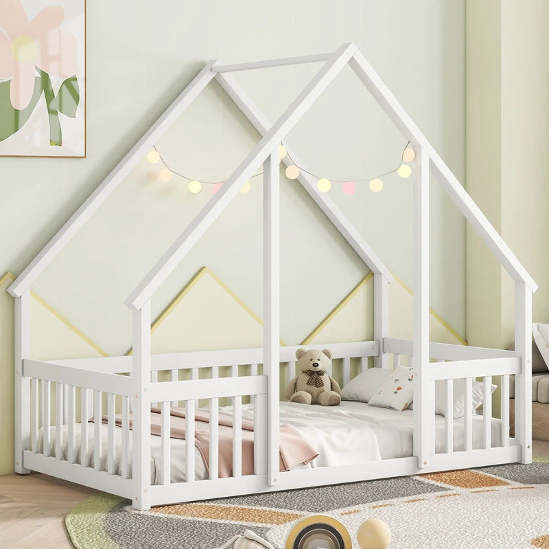 Wood House-Shaped Floor Bed With Fence, Guardrails by HouseOfZazla