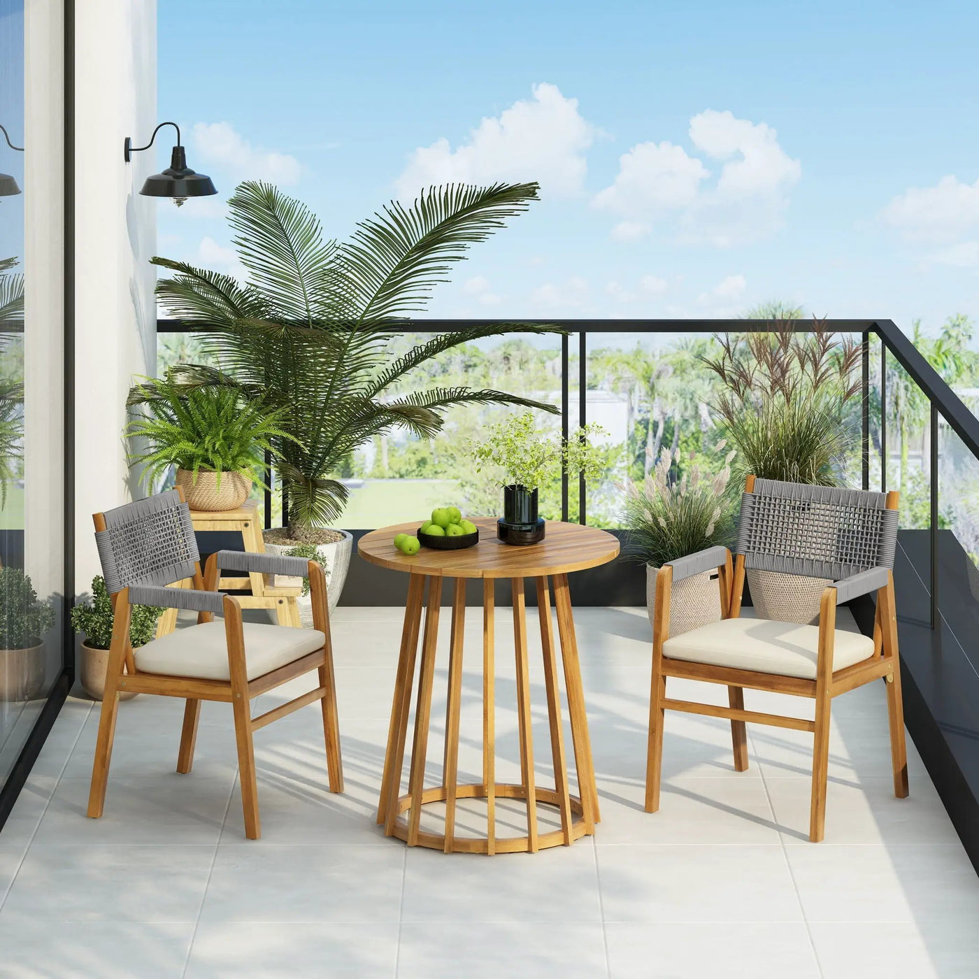 Outdoor 3 Pieces Acacia Wood Dining Set With Cushions by HouseOfZazla