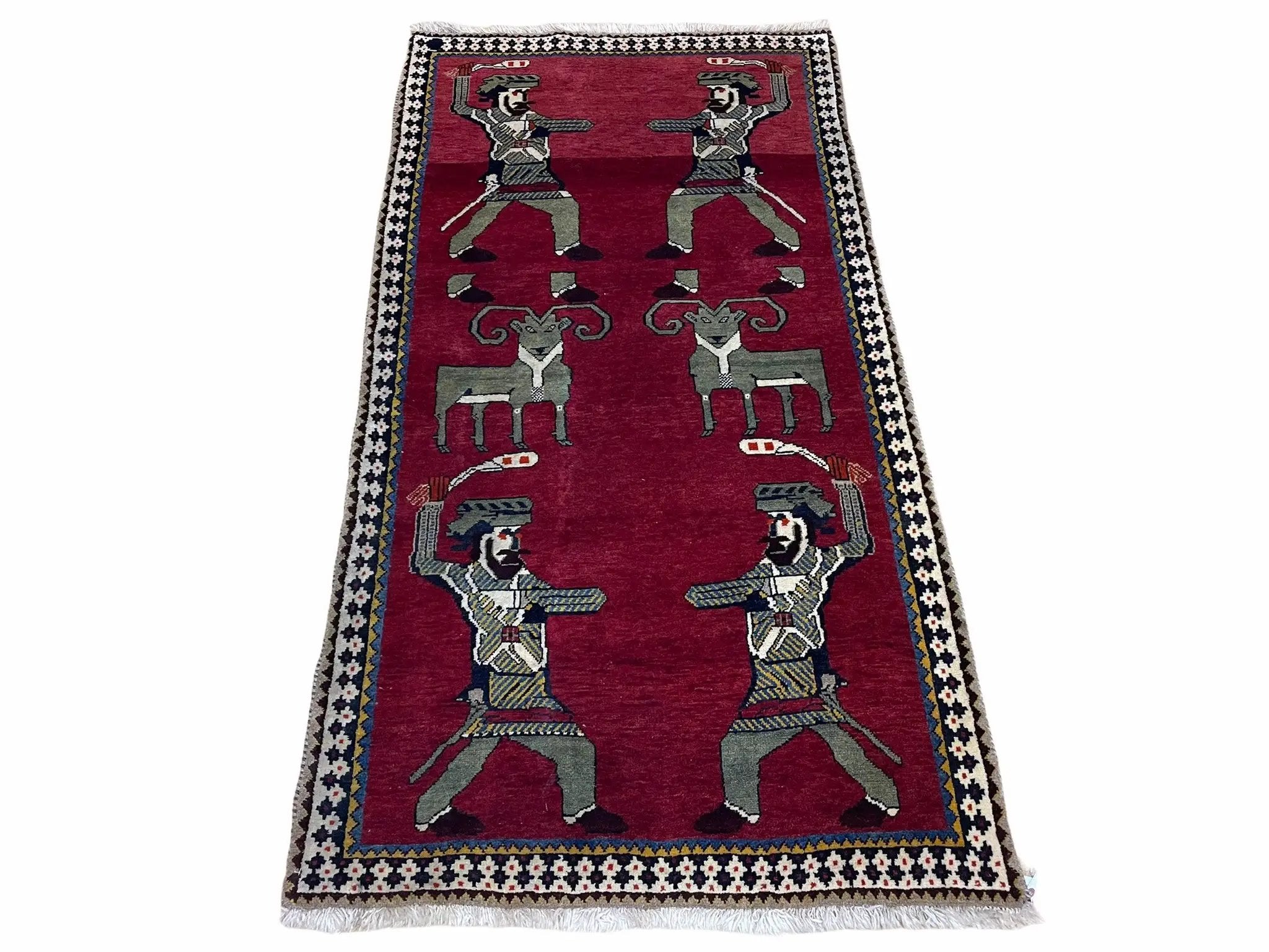 3 X 6 Handmade Wool Rug Tribal Balouch Warriors Deer Animal Pictorial Red Swords by Jewel Rugs