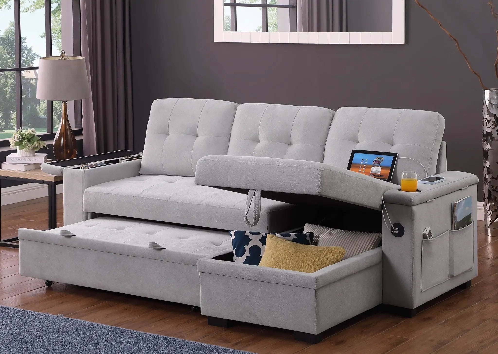 Ashlyn II - 84"W Woven Fabric Reversible Sleeper Sectional Sofa with Storage Chaise by HouseOfZazla