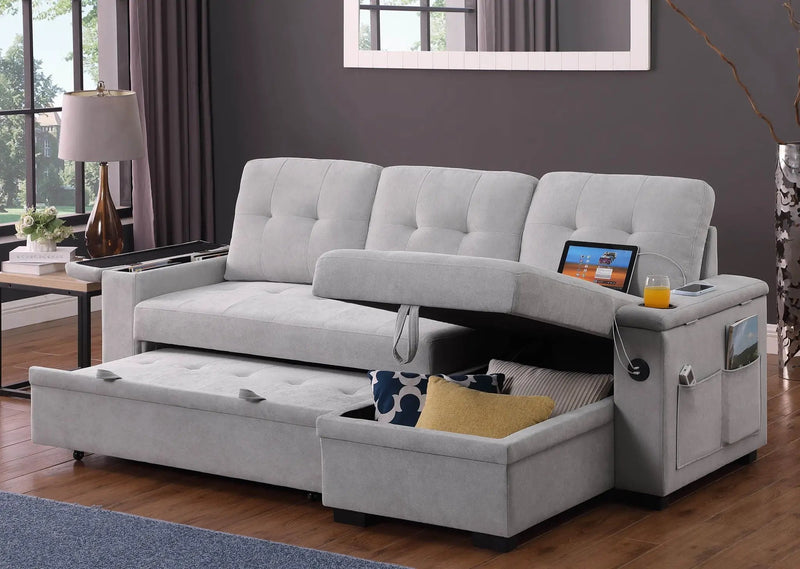 Ashlyn II - 84"W Woven Fabric Reversible Sleeper Sectional Sofa with Storage Chaise by HouseOfZazla