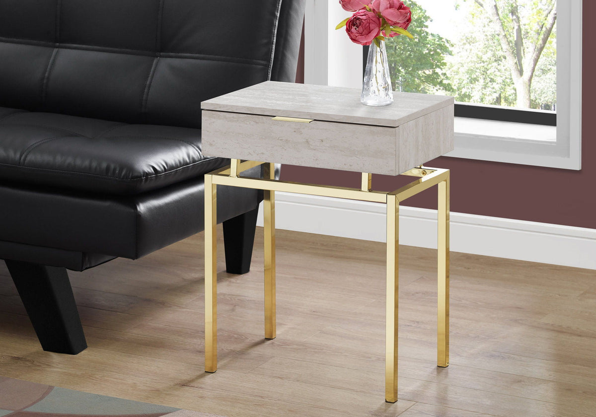 Beige Accent Side Table with Storage Drawer - Wood & Metal Modern Table