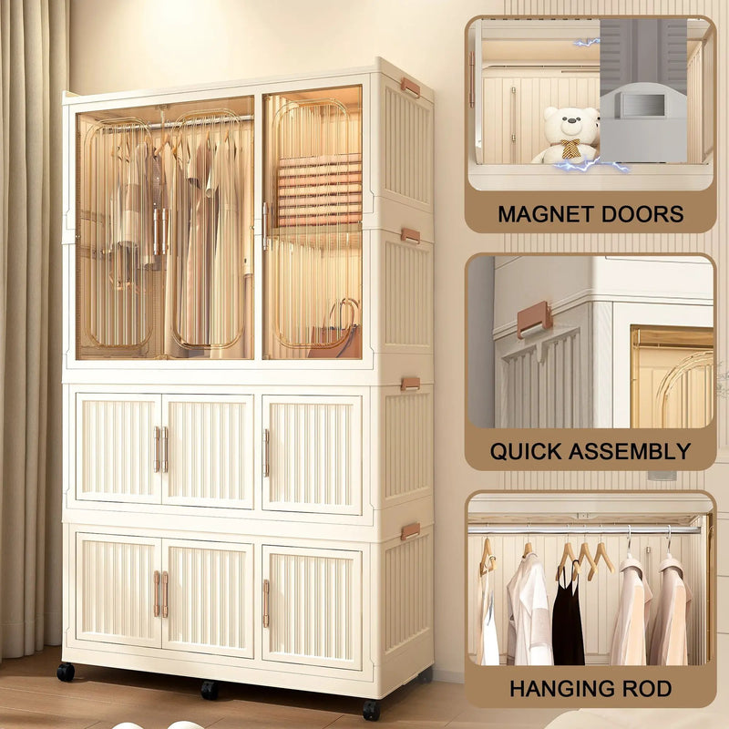 Portable Wardrobe Closet Storage Organizer With 9 Magnetic Doors - Cream White by HouseOfZazla