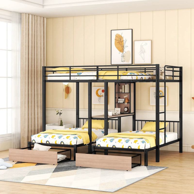 Triple Bunk Bed With Drawers, Multi-Functional Frame With Desks And Shelves In The Middle by HouseOfZazla