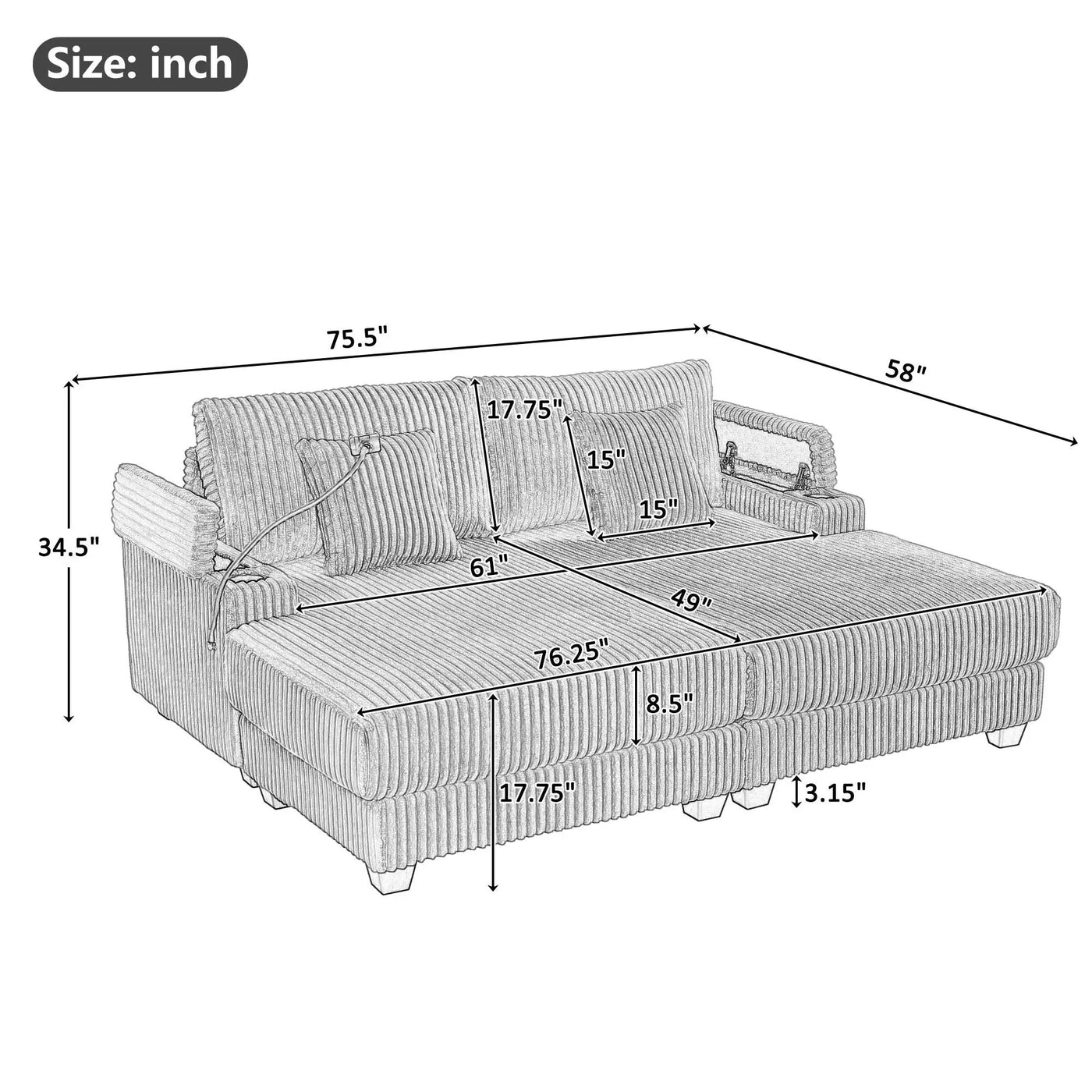 Modern Chaise Sofa With Adjustable Backrest, Cup Holders, Phone Holder & Storage Compartments by HouseOfZazla