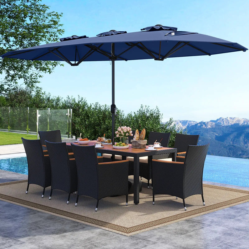 10 Piece Outdoor Dining Set with 15 Feet Double-Sided Twin Umbrella by DirectDeals