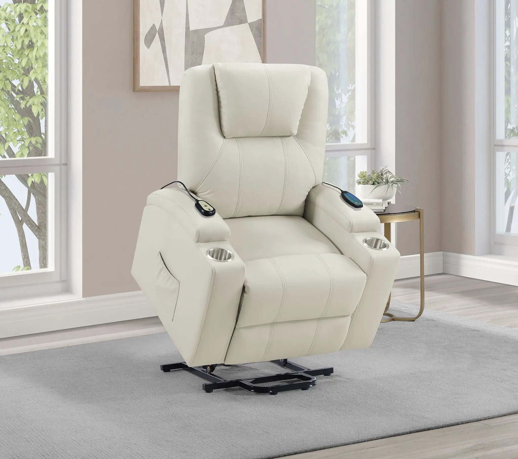Armstrong Upholstered Power Lift Massage Recliner Ivory by Unique Piece Furniture