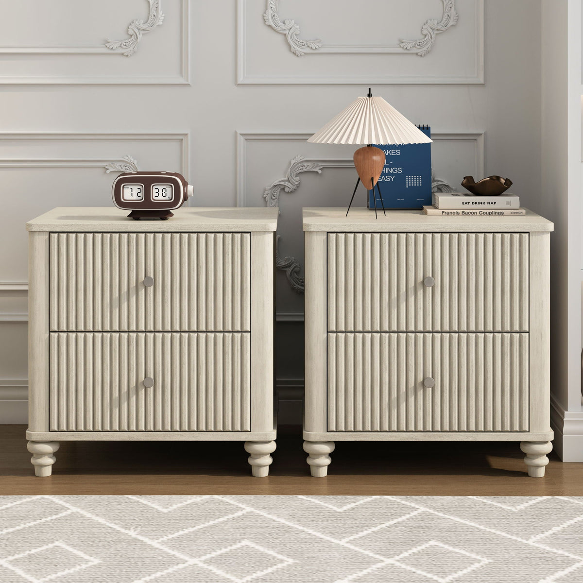 Fluted Nightstand with 3 Drawers - Set of 2 - Dark Brown or Beige, photo 17 of 21