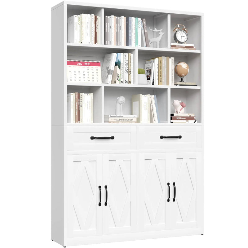 Bookcase Tall With 2 Doors & 2 Drawers, Fixed Open Shelves - White by HouseOfZazla