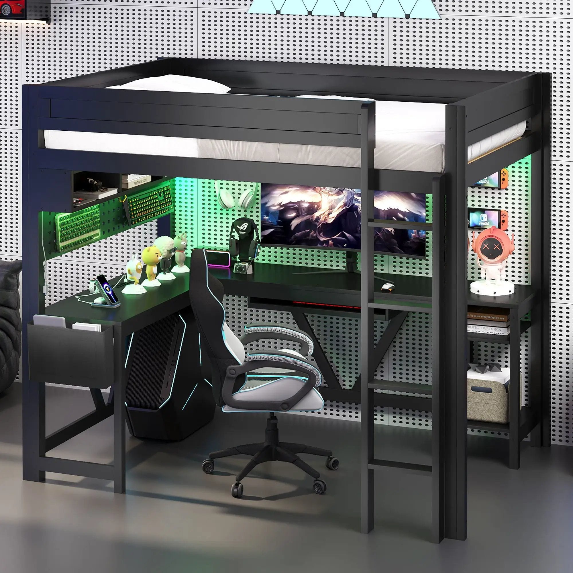 Gaming Loft Bed With Desk, Storage Shelves, LED And Charging Station by Unique Piece Furniture