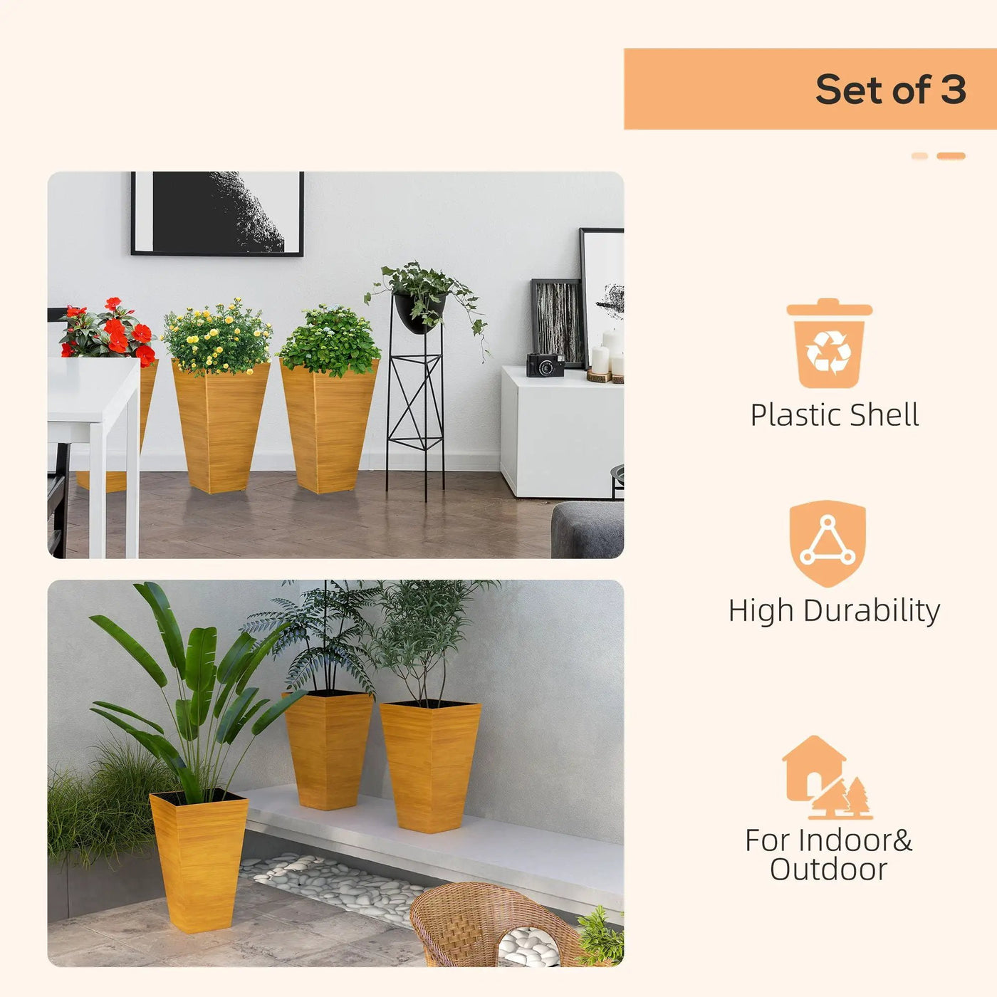 Outsunny - Outdoor Planters (Set of 3) Large Taper Planters With Drainage Holes And Plug, Faux Wood Plastic Flower Pots For Outdoor, Indoor, Garden, Patio by HouseOfZazla