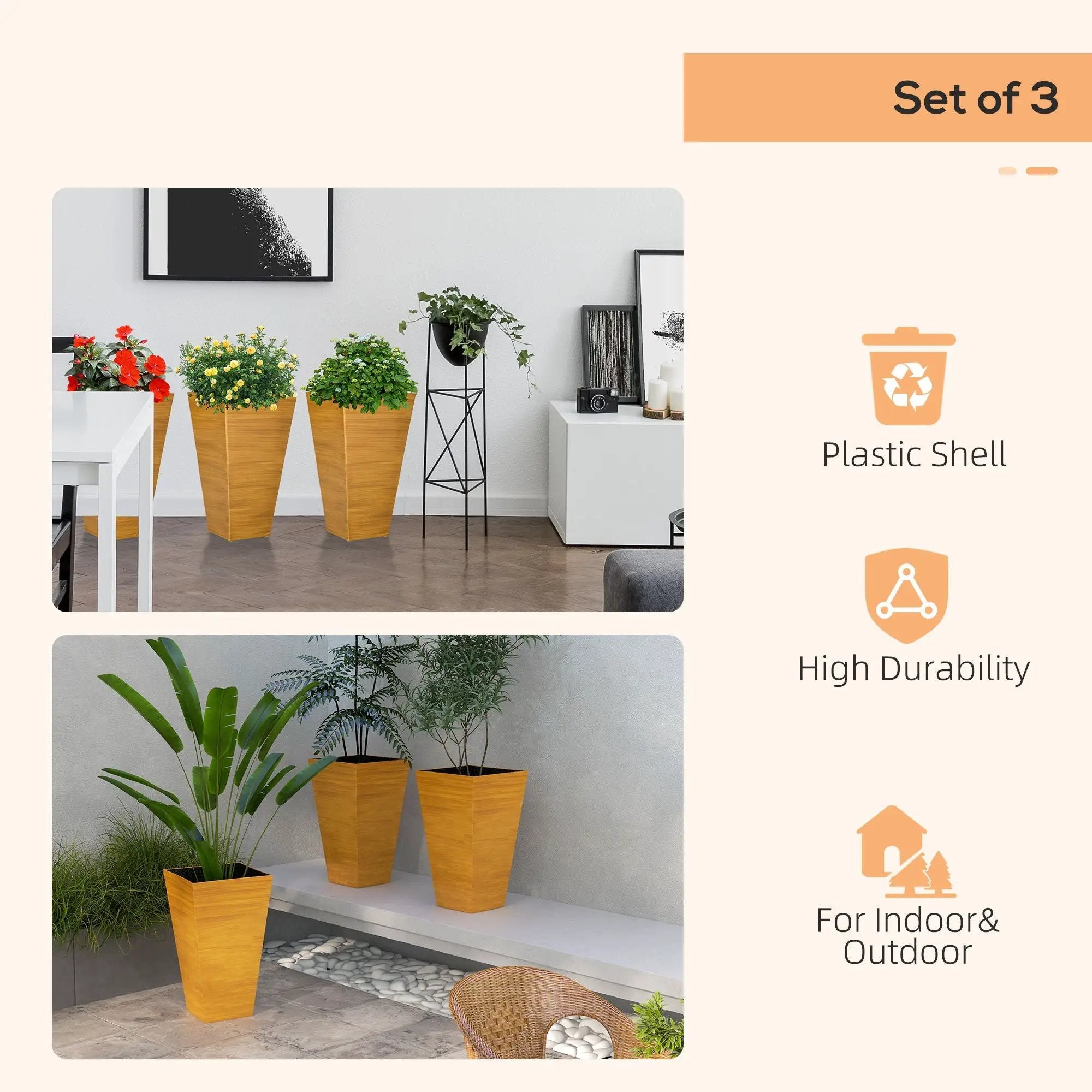 Outsunny - Outdoor Planters (Set of 3) Large Taper Planters With Drainage Holes And Plug, Faux Wood Plastic Flower Pots For Outdoor, Indoor, Garden, Patio by HouseOfZazla