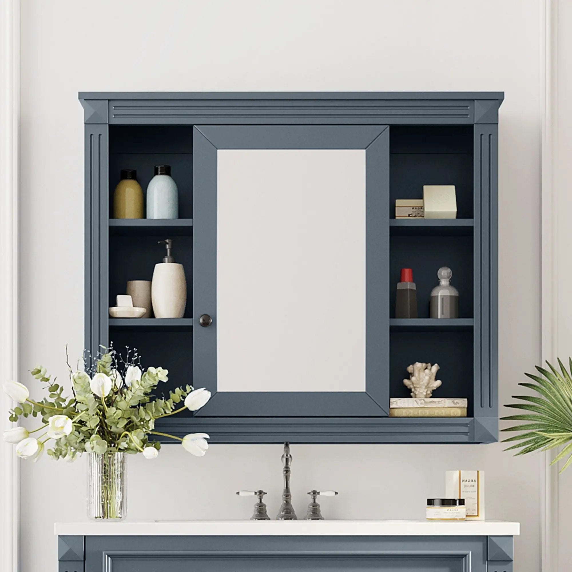 Wall Mounted Bathroom Storage Cabinet With Mirror, Cabinet With 6 Open Shelves And Adjustable Interior by Unique Piece Furniture