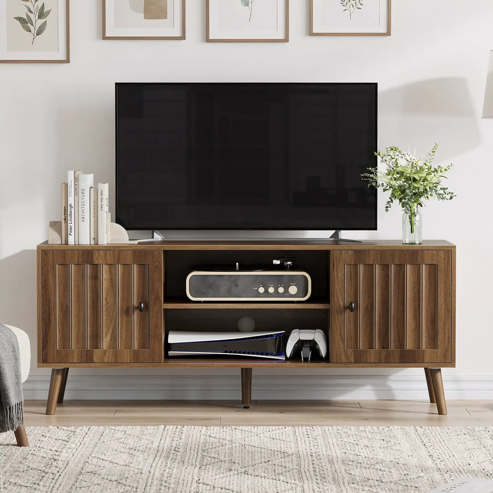 55" TV Cabinet With Vertical Groove Doors, Adjustable Shelves - Walnut by Unique Piece Furniture