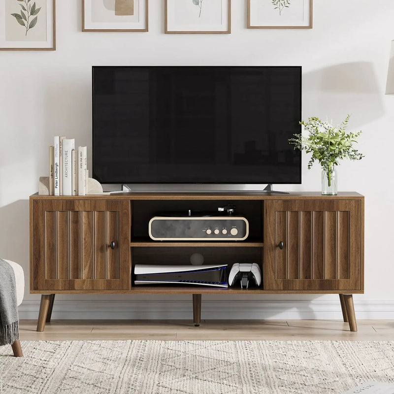 55" TV Cabinet With Vertical Groove Doors, Adjustable Shelves - Walnut by HouseOfZazla