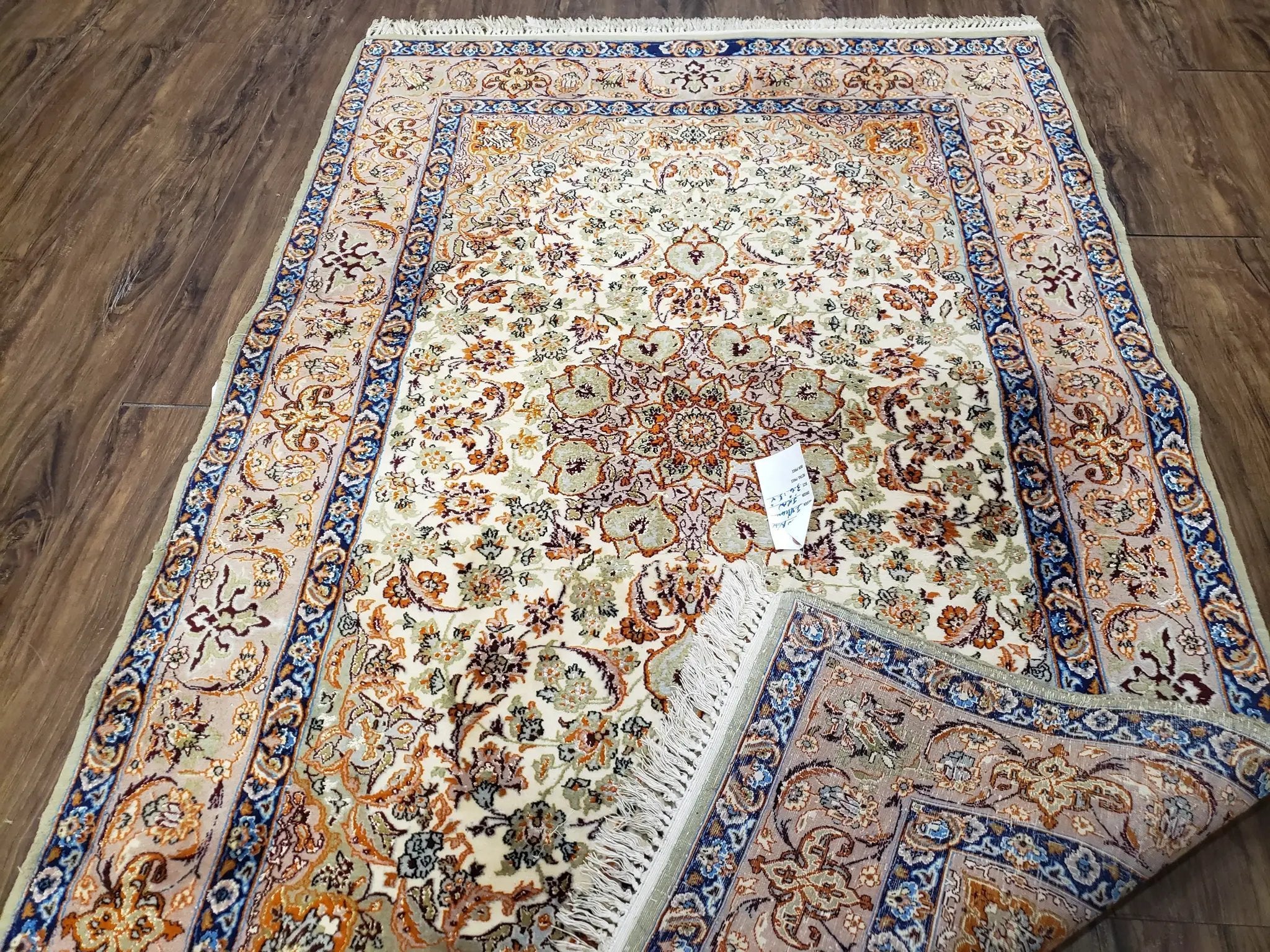 Vintage Persian Isfahan Lachak Toranj Rug, Highly Detailed, Kork Wool on Silk Foundation, Beige and Dark Blue, Hand-Knotted, 3'6" x 5' 4" by Jewel Rugs