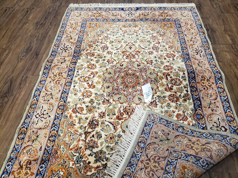 Vintage Persian Isfahan Lachak Toranj Rug, Highly Detailed, Kork Wool on Silk Foundation, Beige and Dark Blue, Hand-Knotted, 3'6" x 5' 4" by Jewel Rugs