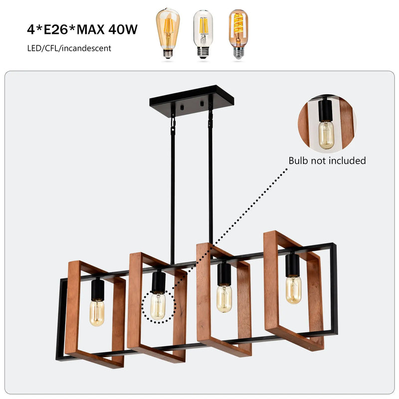 4 Light Kitchen Island Lights Pendant Light Farmhouse Dining Room Light Fixture, Rectangular Chandelier, 36" Hanging Lighting For Living Room, Conference Room, Home Office - Matte Black by Unique Piece Furniture