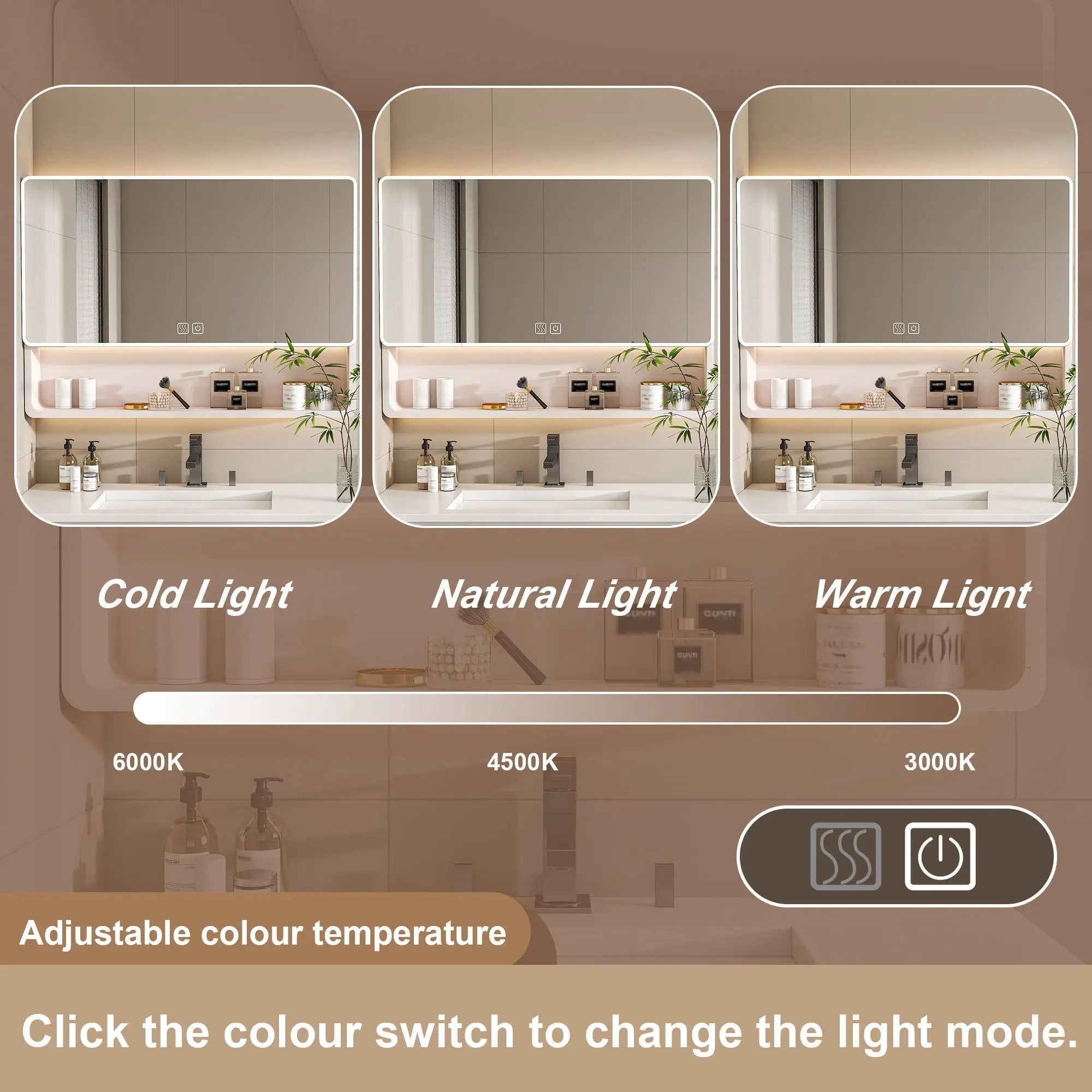 Aluminium Medicine Cabinet Mirror, With 3 Colors LED Light And Defogging Function - Khaki by HouseOfZazla