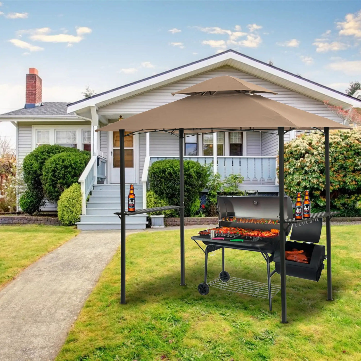 Outdoor Grill Gazebo With Double Tier Soft Top Canopy, Steel Frame, Bar Counters & Hook by Unique Piece Furniture