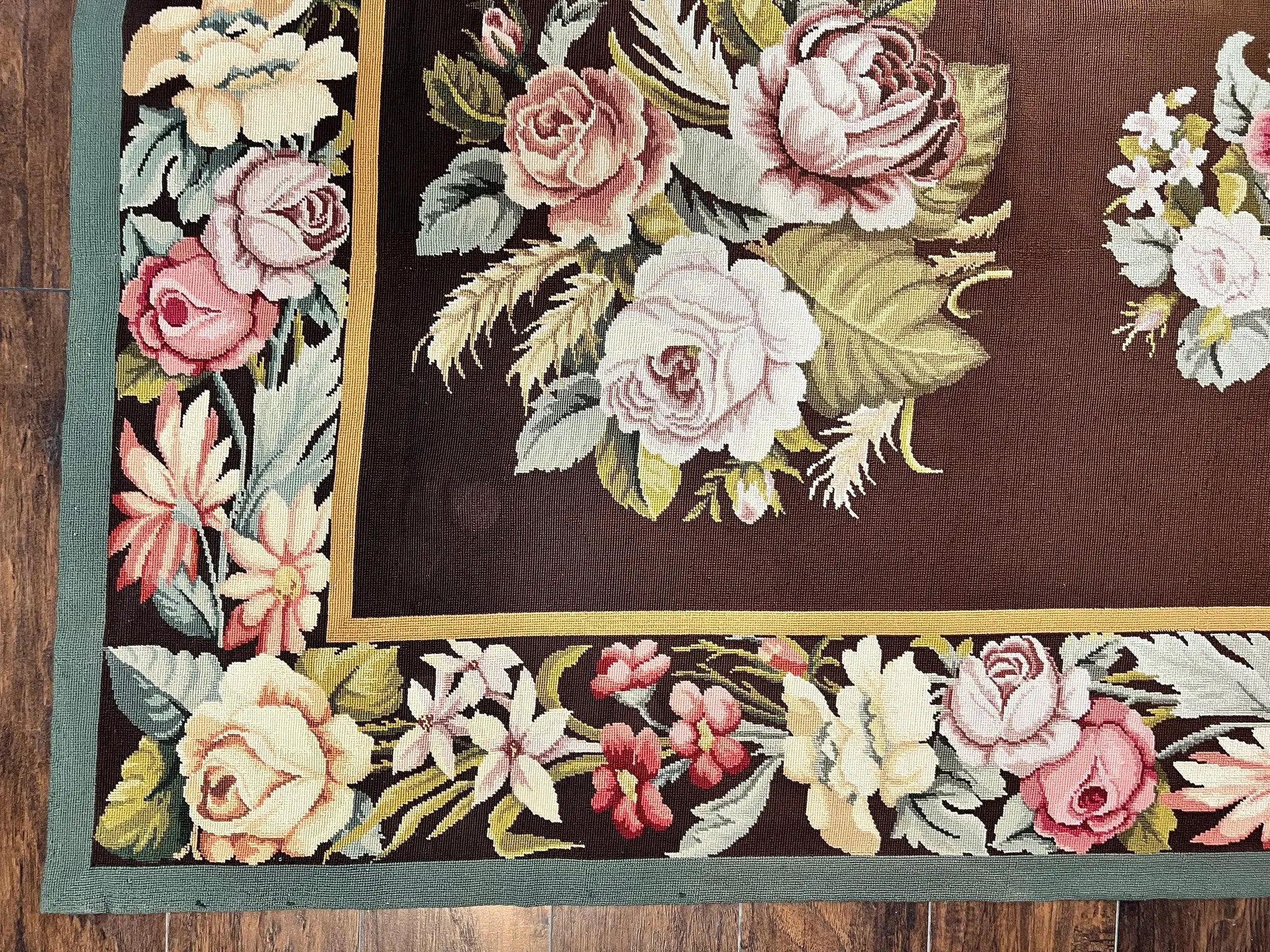 Vintage Needlepoint Rug 9x12, Large Handmade Hand-woven Needlepoint Carpet, Brown Area Rug, Floral Bouquets, Wool Rug, European Design by Jewel Rugs