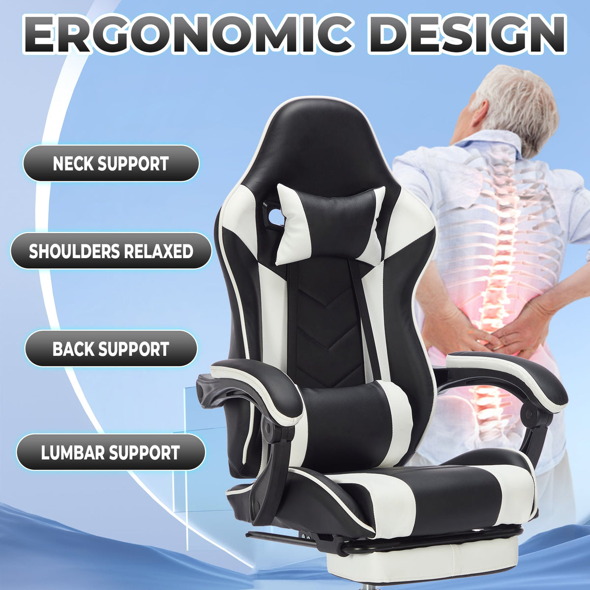 Ergonomic Gaming Chair with Footrest and Massage Lumbar Pillow – Black White / Black+Orange, photo 4 of 10
