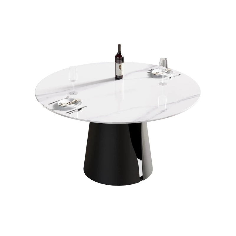 53.15" Modern Artificial Stone Round Carbon Steel Base Dining Table, Can Accommodate 6 People - White / Black by HouseOfZazla