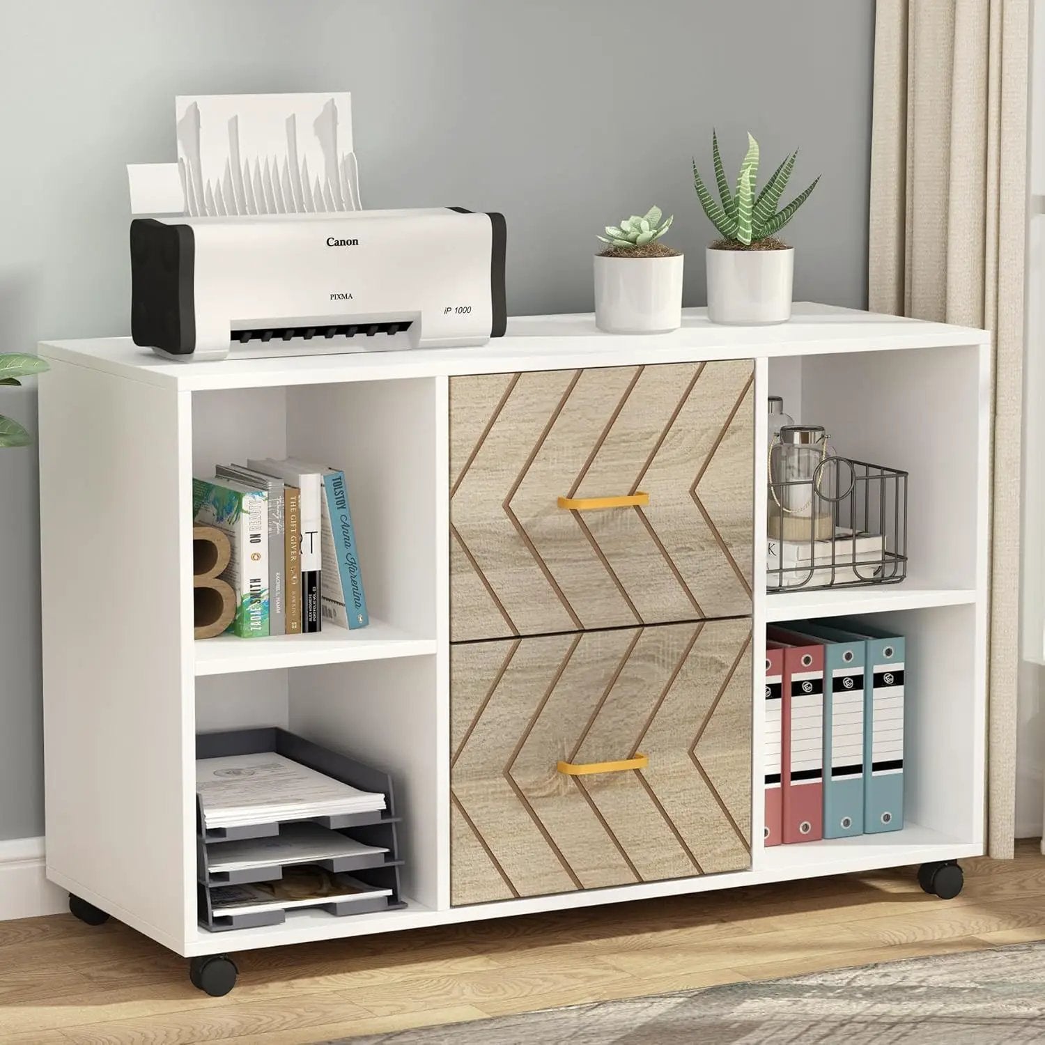 Large Mobile Lateral File Cabinet With 2 Drawers, Printer Stand & Storage Shelves, For Letter Size Files - White / Oak by HouseOfZazla