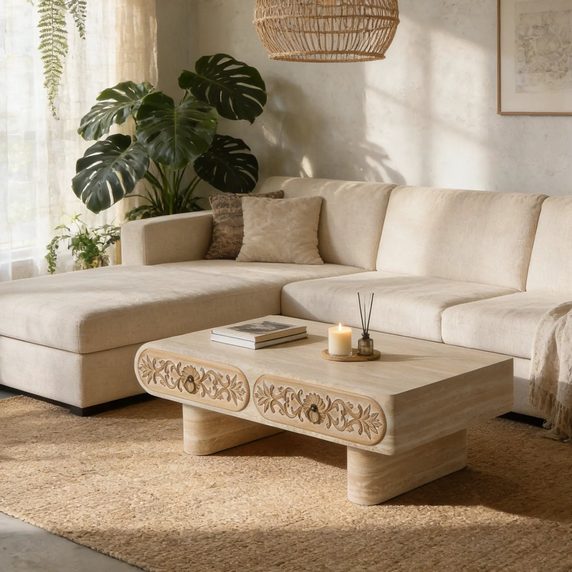Rounded Edge Coffee Table with Flower Pattern Solid Wood Drawer by HouseOfZazla