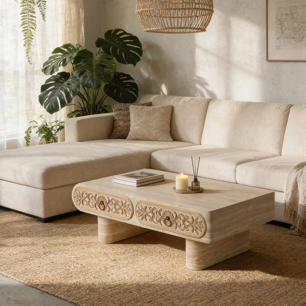 Rounded Edge Coffee Table with Flower Pattern Solid Wood Drawer