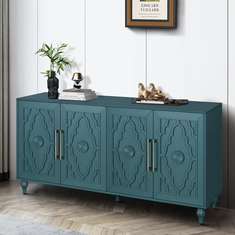63'' Large Storage Cabinet with Metal Handle, Carved Flower Doors, Wooden Mordern Sideboard Console with Adjustable Shelves for Living Room, Kitchen, Entryway(Navy Blue), photo 3 of 10