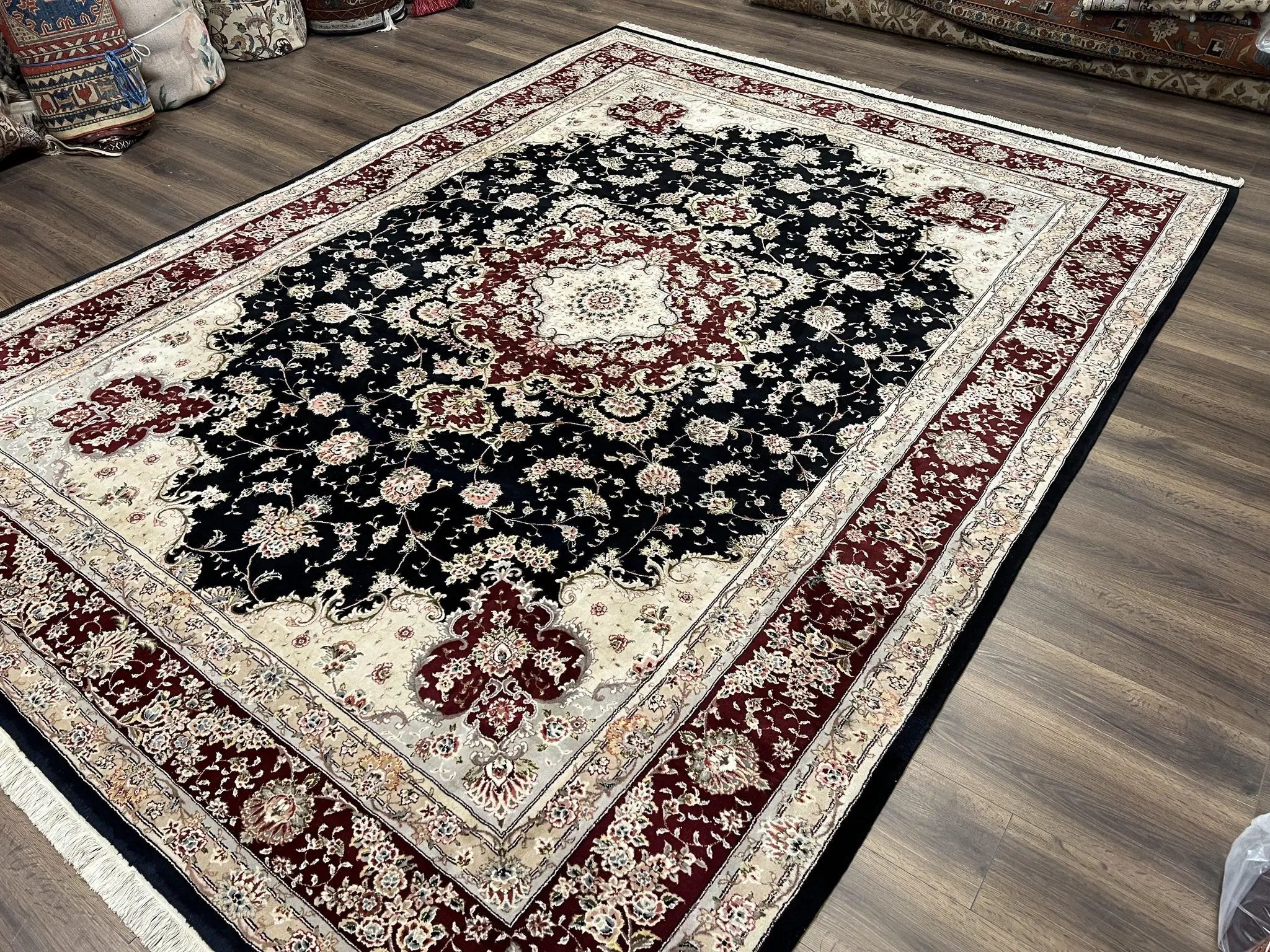 Pak Persian Rug 8.8 x 10.6, Floral Medallion, Wool and Silk Hand Knotted Fine Oriental Carpet, Elegant Rug, Black Gray Burgundy, Room Sized by Jewel Rugs