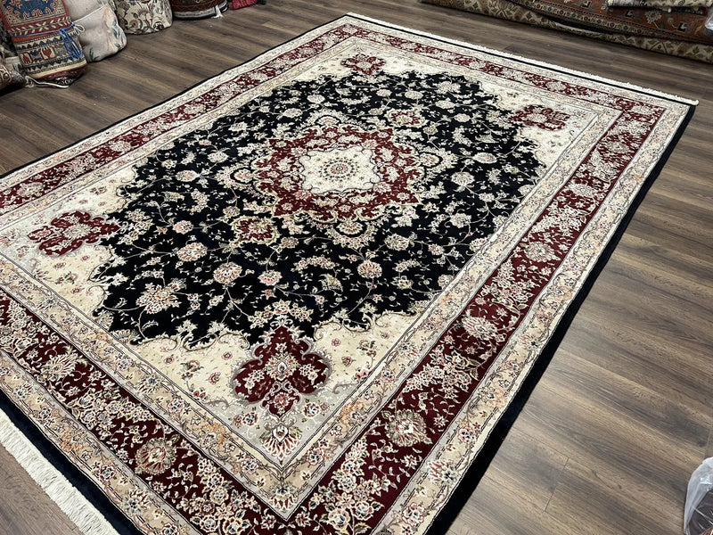 Pak Persian Rug 8.8 x 10.6, Floral Medallion, Wool and Silk Hand Knotted Fine Oriental Carpet, Elegant Rug, Black Gray Burgundy, Room Sized by Jewel Rugs