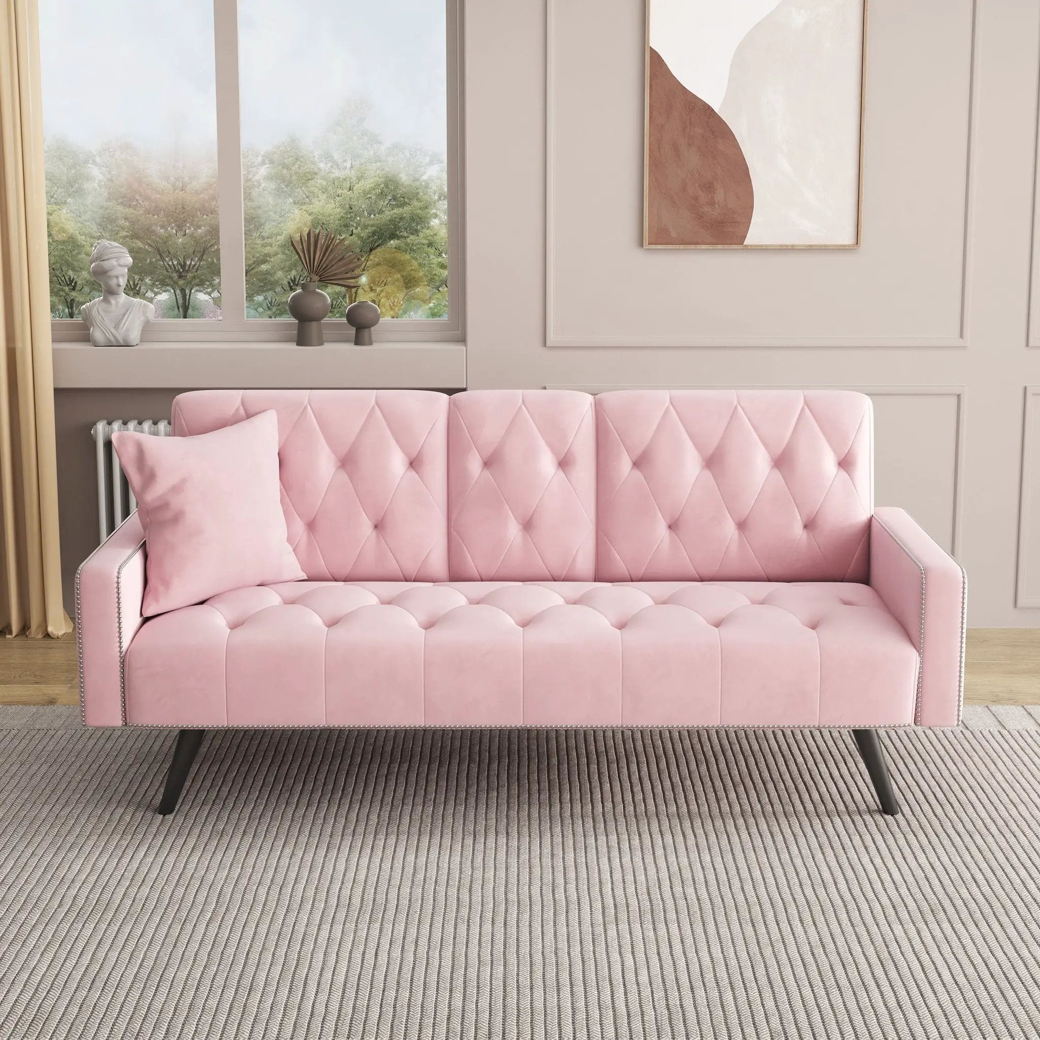Sofa Bed With Nail Head Trim And Cup Holders - Pink by HouseOfZazla