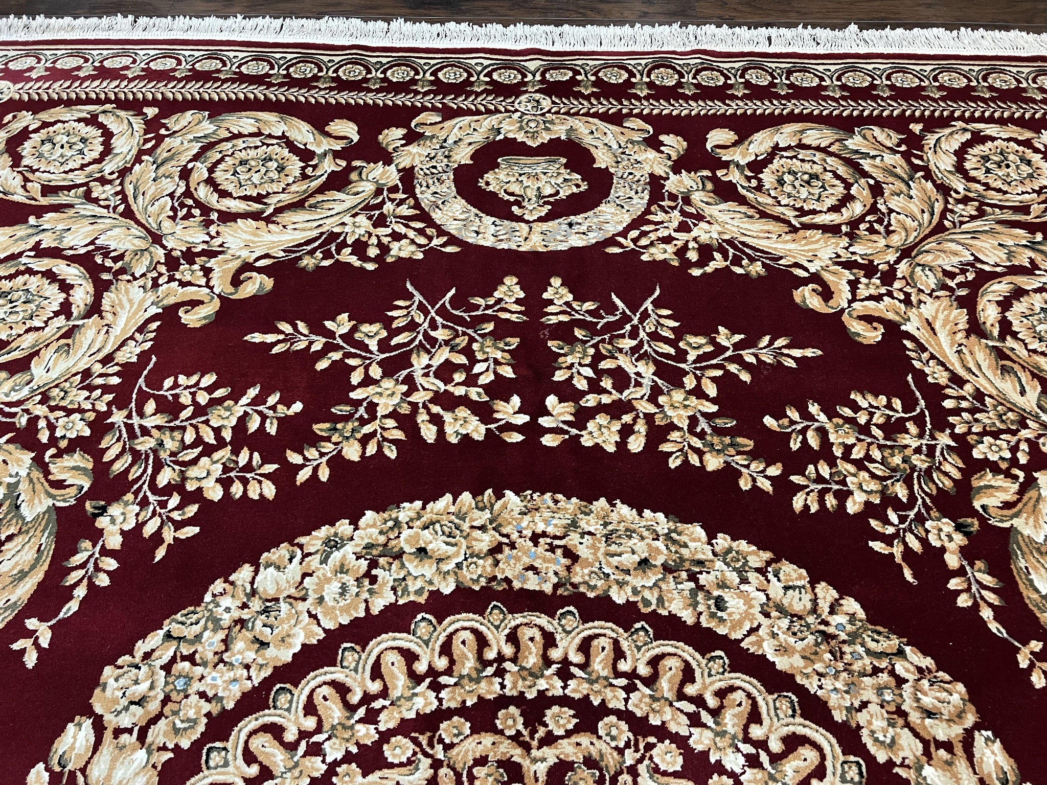 Aubusson Rug 9x12, Wool Handmade Carpet, Elegant French European Design, Dark Maroon Red, 9 x 12 Room Sized Rug, Finely Hand Knotted by Jewel Rugs