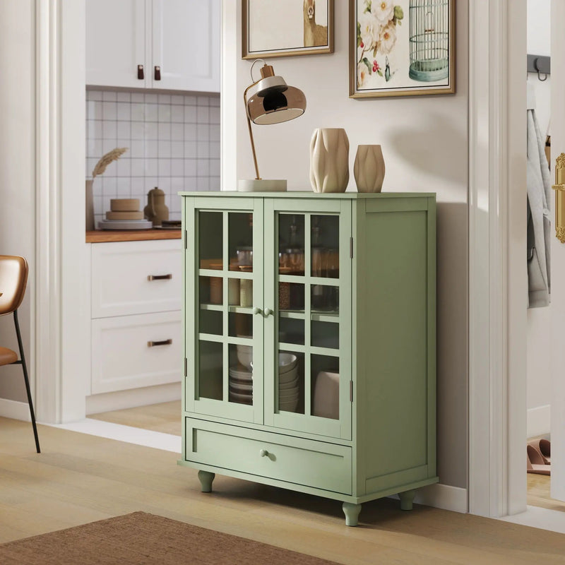 Minimalist Buffet Cabinet With Double Glass Doors And Drawer