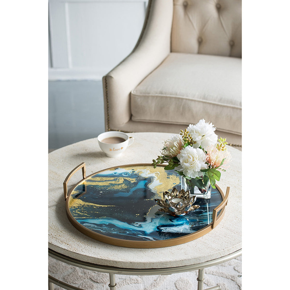 20.9x20.1x3.1" Round Accent Mirrored Tray with Handles by HouseOfZazla