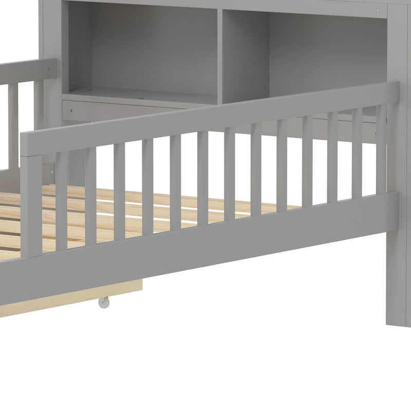 Bed With Headboard Storage Rack, 2 Under Bed Drawers, 3 Side Guardrails For Safety by HouseOfZazla