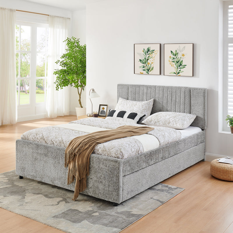 Queen Size Vertical Channel Tufted Headboard & Nailhead Trim Space Saving Upholstered Bed, Multi-functional Design with 2 Storage Drawers and Pull-out Trundle Bed, Chenille