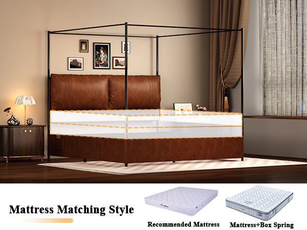 Queen Canopy Bed Frame with Four Poster Metal Design - Rustic Faux Leather, photo 4 of 10