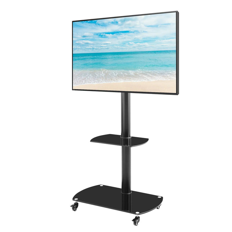 Height And Angle Adjustable Multi-Function Tempered Glass Metal Frame Floor With Lockable Wheels Mobile TV Stand, Lcd / Plasma TV Bracket 2 Tier Tempered Glass Shelves For Multiple Media Devices - Black by Unique Piece Furniture