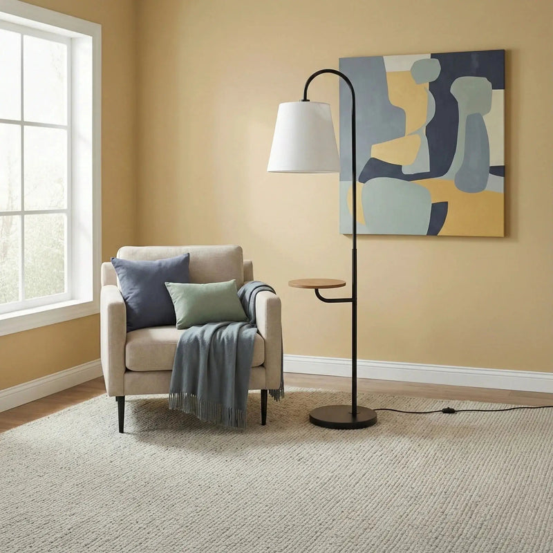 Seoul - Floor Lamp With Rotary Switch Wood Table Base - Black / White by HouseOfZazla