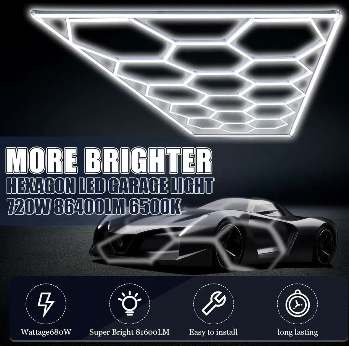 Open Box Baquler 15 Hexagon LED Garage Light System Honeycomb LED Shop Lights with White Border for Garage Workshop Car Detailing Shop Exhibition Hall by Selzalot