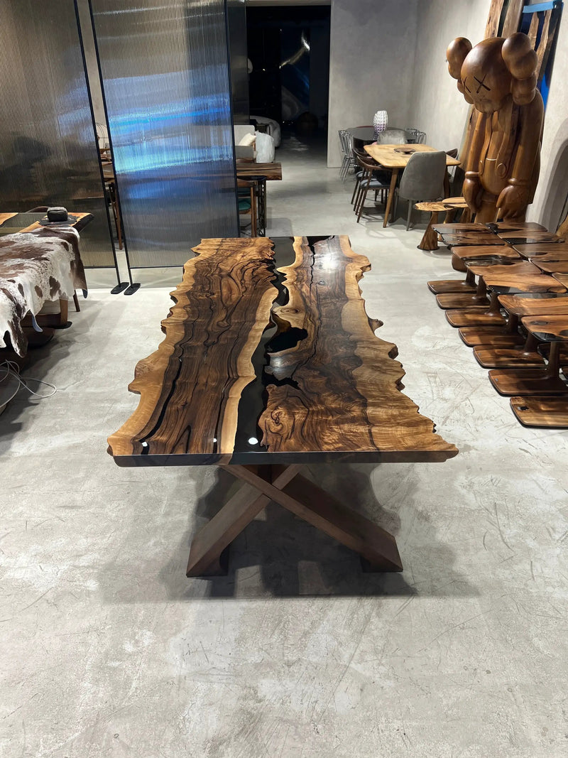 Live Edge Rustic, Epoxy Resin River Dining Room Table Made of Walnut by Gizz
